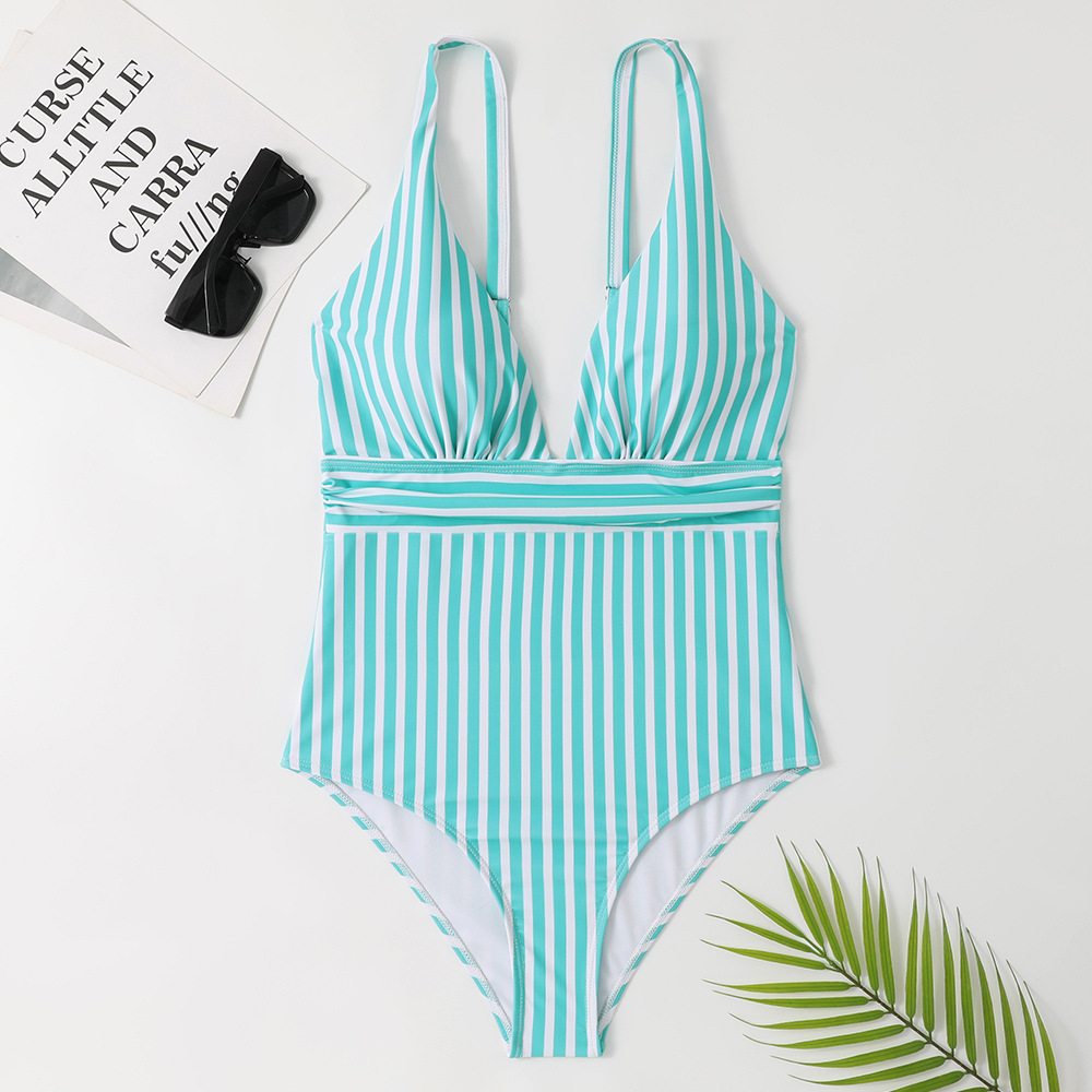 One-piece swimsuit V-neck halter swimsuit sweet striped bikini swimsuit