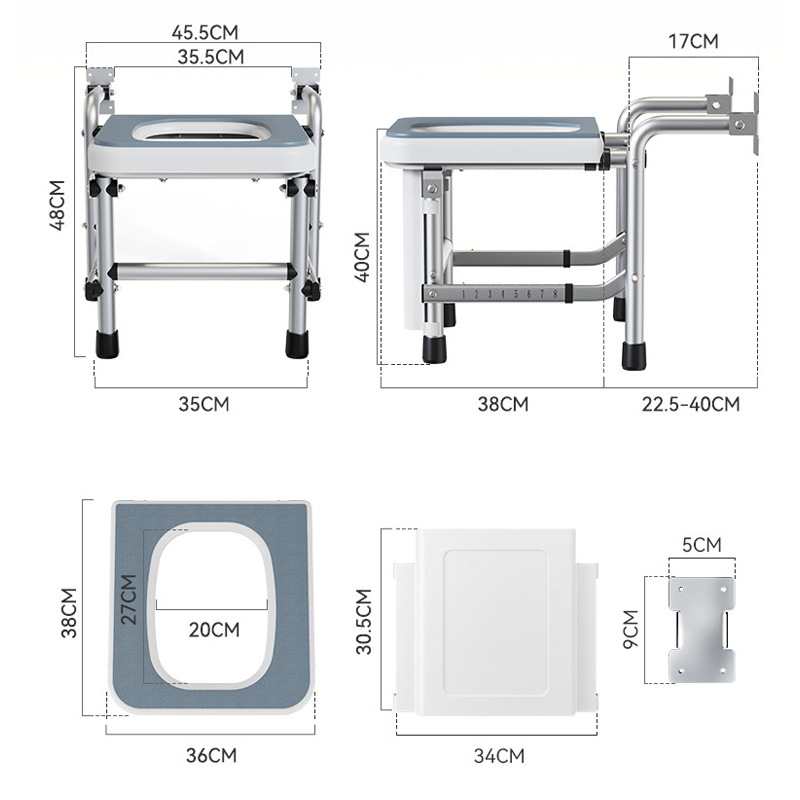 Silla de Inodoro Plegable de Pared de Aleación de Aluminio con Reposabrazos para Baño