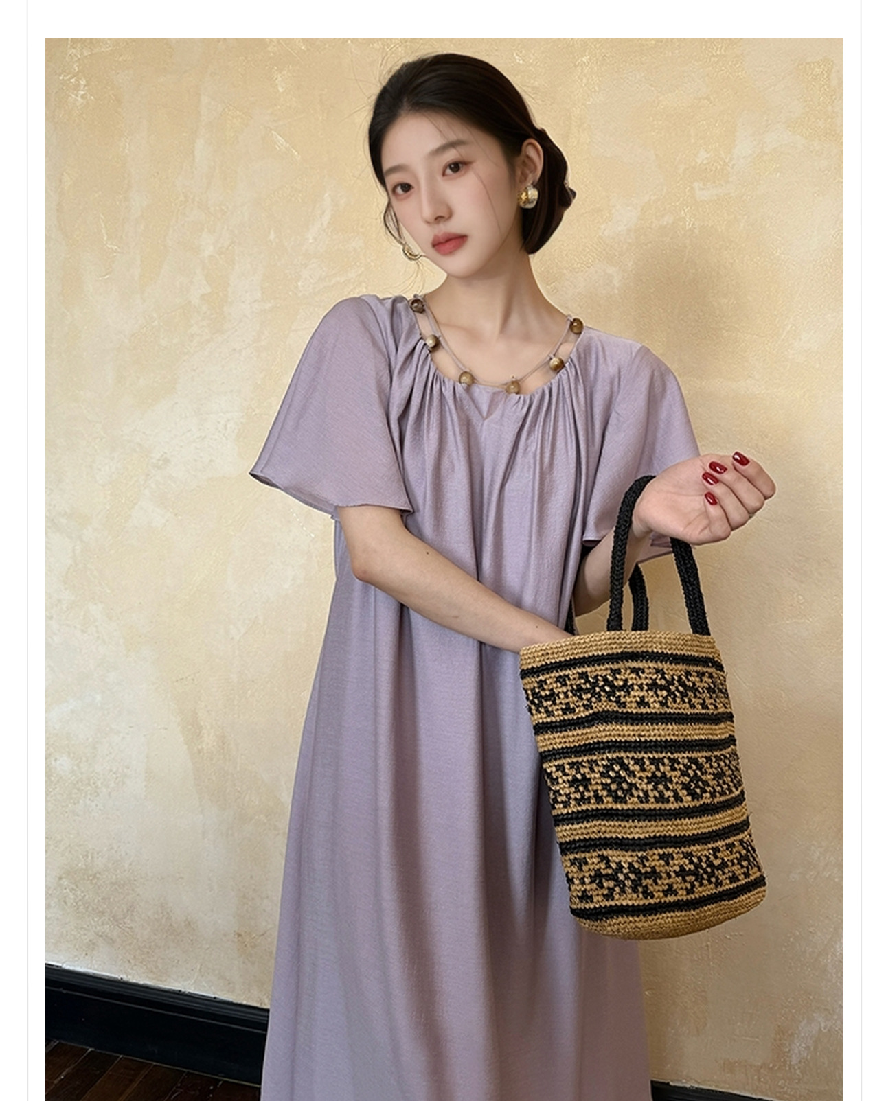 Váy dài Tencel thời trang mùa hè tay bèo phong cách Pháp đơn giản thon gọn — Tím khoai môn chi tiết 2