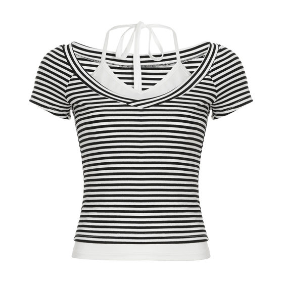 American striped contrast color basic fake two-piece T-shirt European and American women's wholesale hanging neck lace-up V-neck slim-fit top 2025