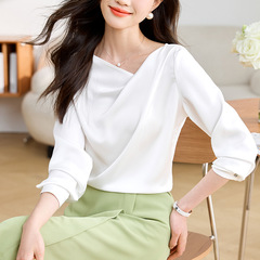 實拍早春裝女2025年新款醋酸襯衣白襯衫女設計感氣質法式緞面上衣
