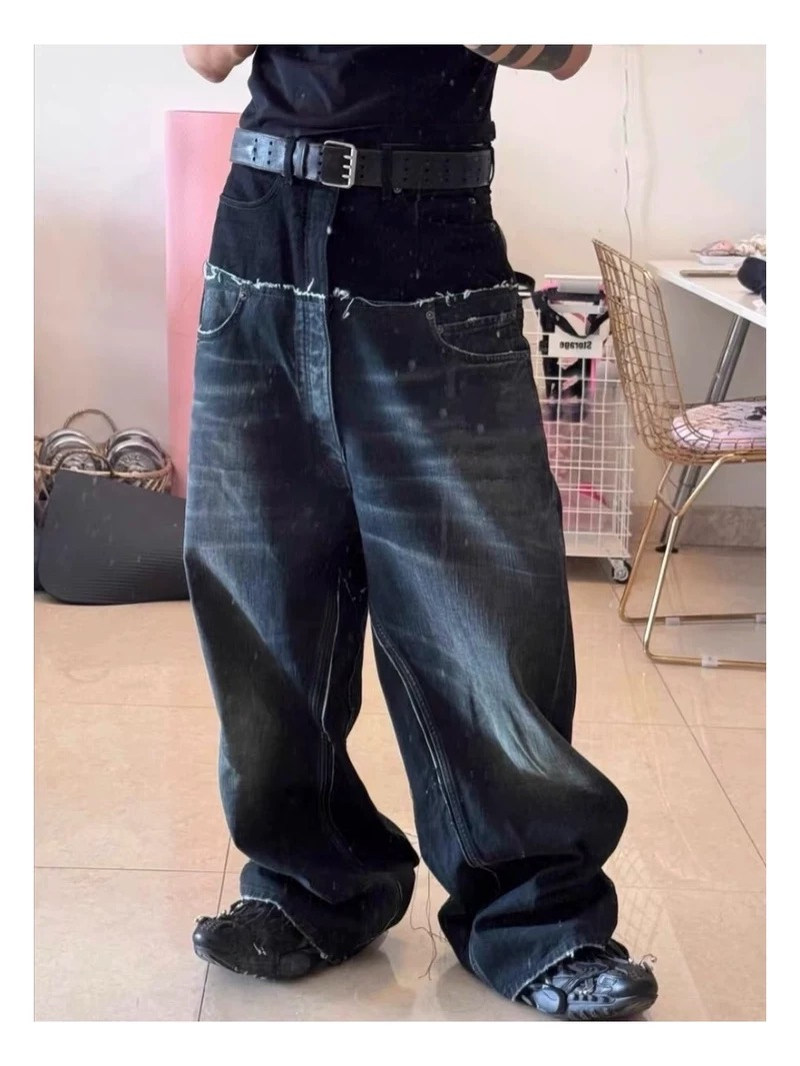 Alta carga 25ss nuevo estilo de resina de la industria pesada más barro teñido arrugado bigote de gato pierna ancha negro azul costuras pantalones de mezclilla para hombres y mujeres marea