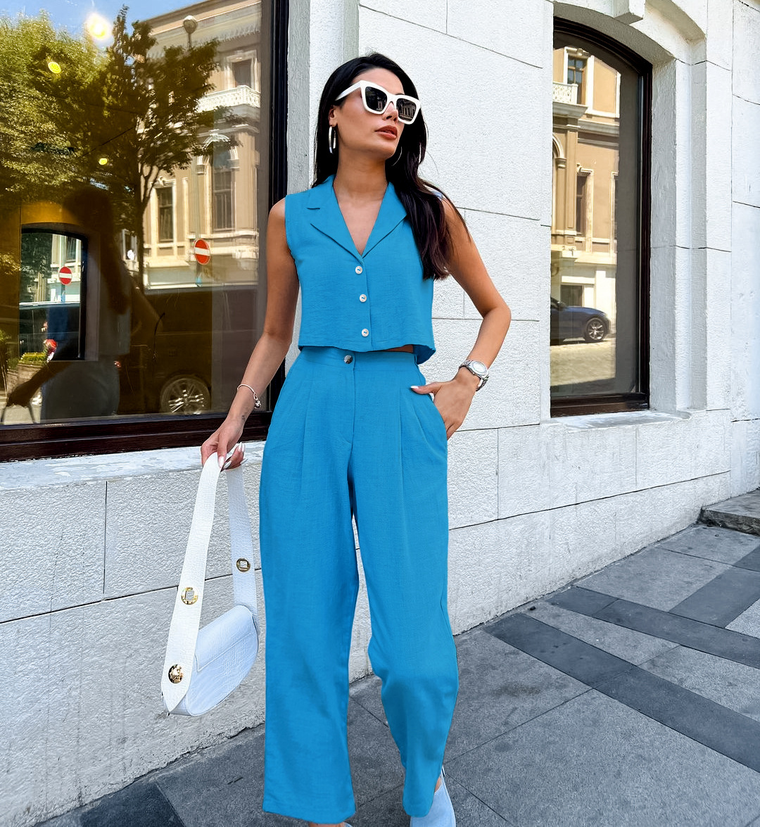 385g Weight Vest Outerwear Type Sleeveless Sleeve Length Cotton and Linen Fabric Type Pant Co-ord Set Sets Type 2 Pieces Set Quantity Casual Occasion Turndown Neckline Regular Fit Fit Type Solid Color Pattern Summer Season Women's Gender Pocket Design Casual Style Casual Women's Casual Solid Color Cotton And Linen Pocket Pant Co-ord Set Pants Sets 22