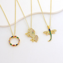 喜环 新品可爱百搭长款蜻蜓多彩微镶满钻小马锁骨链吊坠彩锆圆圈