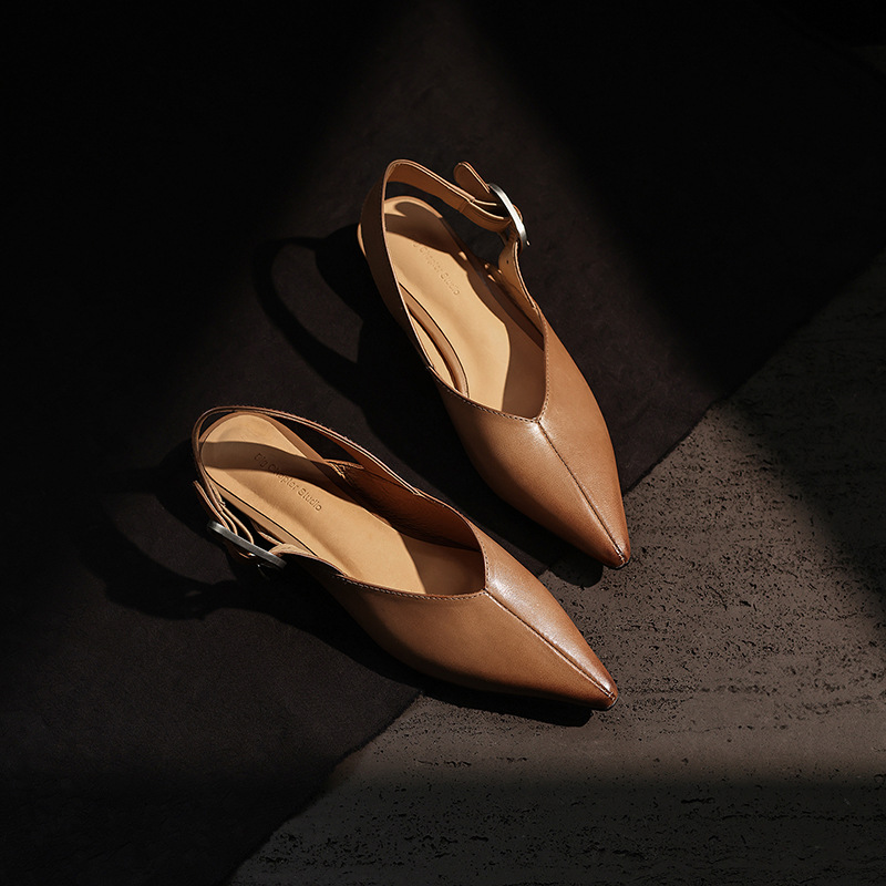 Giày sandal nữ mũi nhọn quai ngang gót thấp phong cách Hàn Quốc — màu nâu chi tiết 22