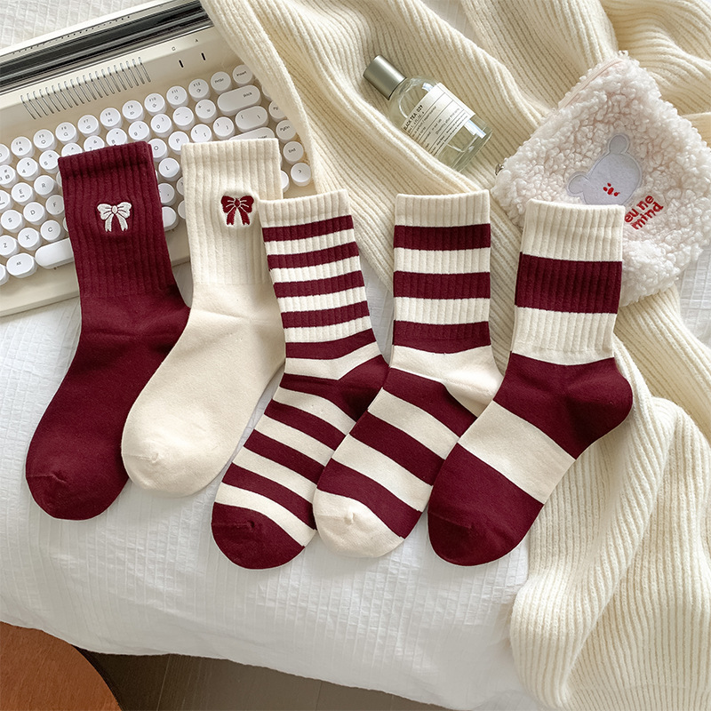 Autumn and Winter New Angora Red Mid-Calf Socks Sweet Ins Trendy Bow Women's Cotton Socks Stripesd Versatile Socks for Women