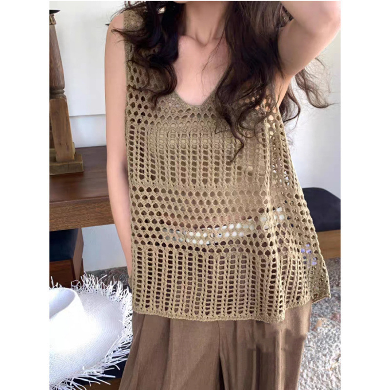 Summer New Korean Style Hollow-Out Vest Loose Pullover Sleeveless Knit Cover-Up Slimming Top for Women