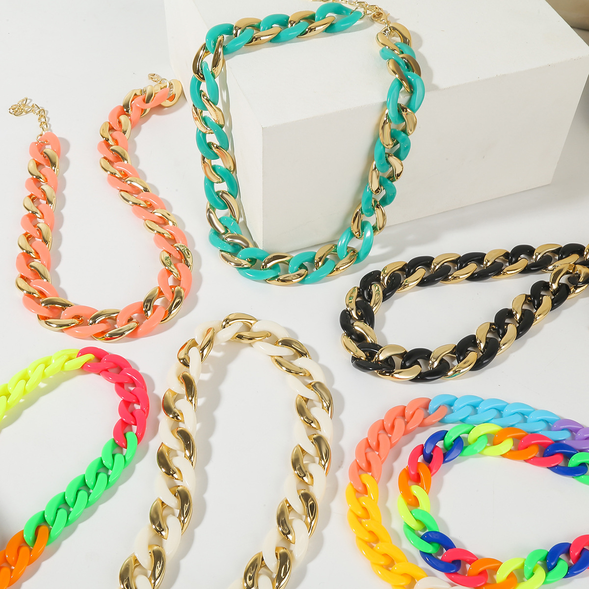 Bunte Acryl Gliederkette Im Macaron Design Damen Statementkette_voghion.com