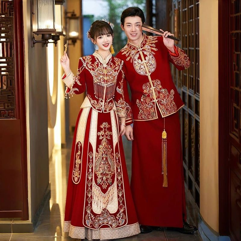Xiuhefu 2025 新しい中国風の花嫁のウェディングドレス乾杯ドレスウェディングドレス重工業のウェディングドレス女性の春|undefined