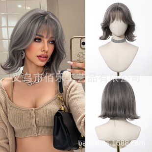 Gray-Brown New Wig with Bangs Bobo Short Curly Hair Full Headgear Multi-Color Optional Wig European and American Ready Stock