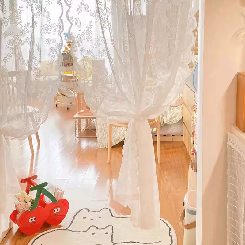 白色半帘短帘小窗帘蕾丝布艺门帘柜帘波浪厨房隔断帘纱帘ins风