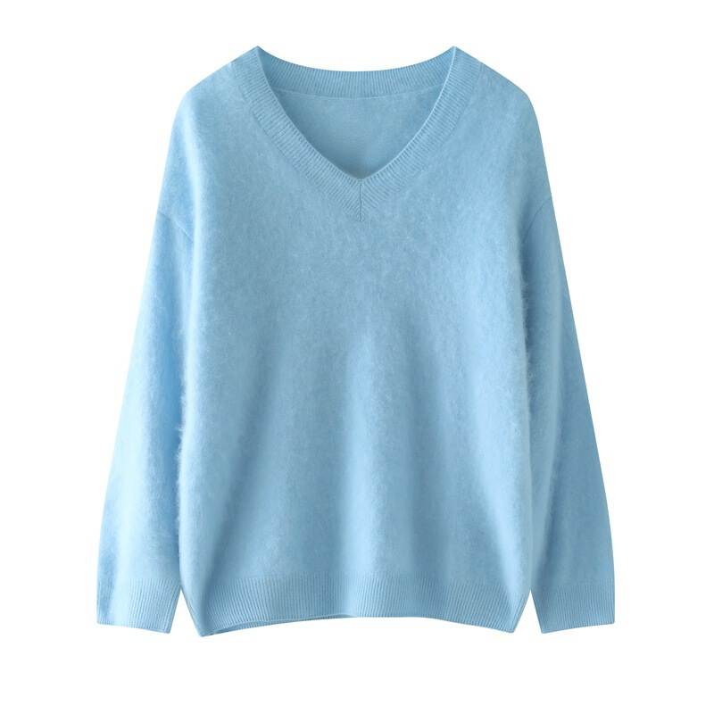 Brushed V-Neck Wool Sweater Women's V-Neck Knitted Sweater Loose Solid Color Elegant Wool Thickened Base Shirt