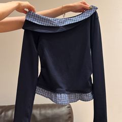 一字肩假两件格子拼接长袖T恤女2025春秋褶皱设计感掐腰显瘦上衣