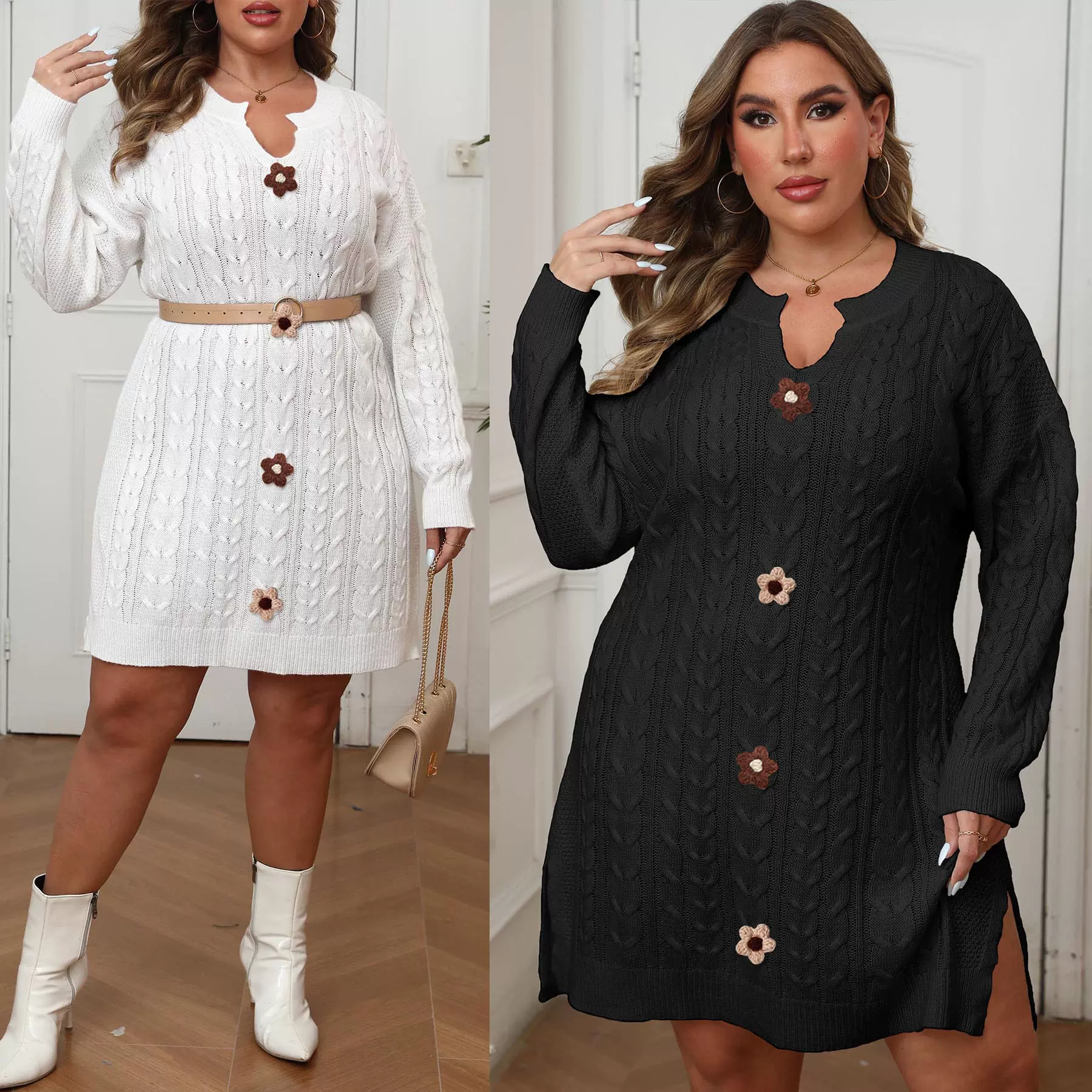 大码女装V领麻花编织机织毛衫纯色连衣裙手钩花拼接秋冬毛衣裙