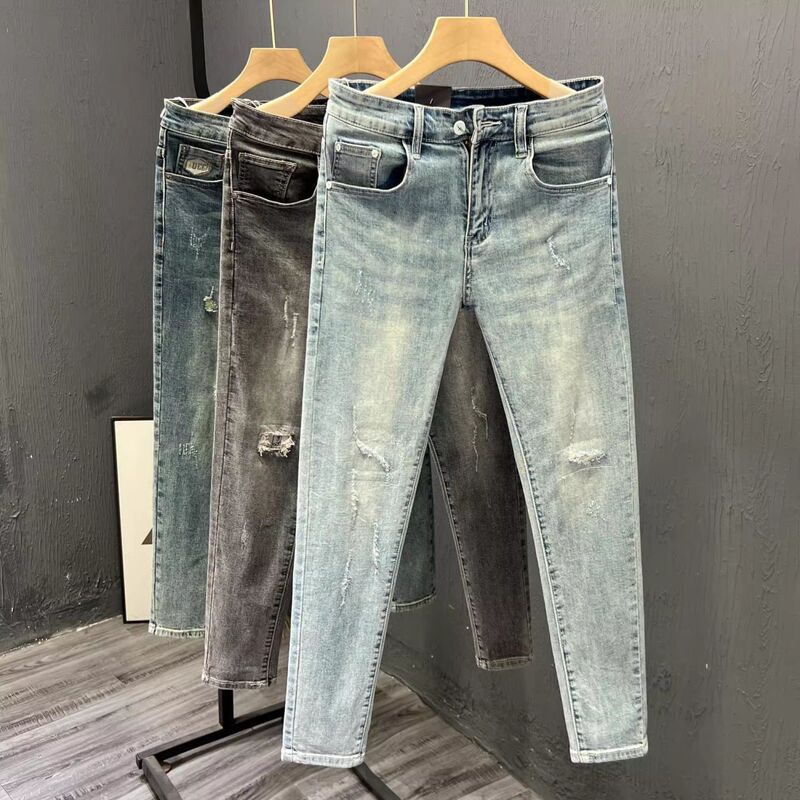 Spring and Summer Jeans Men's Ripped Foot Ankle-length Pants High-end Casual Slim-fit Slimming Micro-elastic Men's Pants 9 Points Spring and Summer Jeans Men's Ripped Foot Ankle-length Pants High-end Casual Slim-fit Slimming Micro-elastic Men's Pants 9 Points