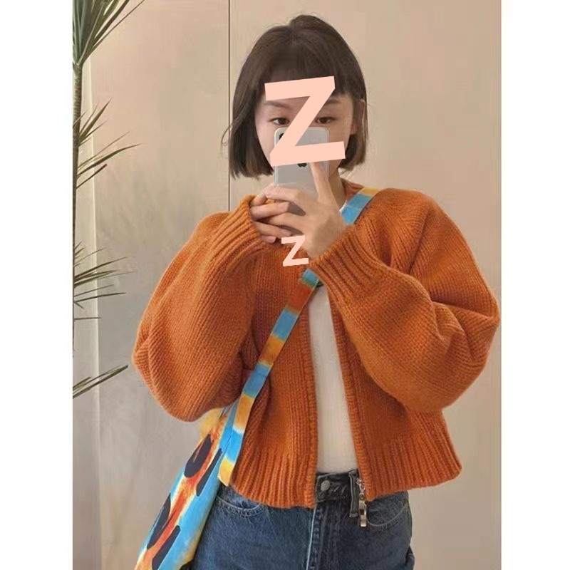 灰色短款毛衣外套女装秋冬2025新款宽松加厚拉链开衫长袖针织上衣|undefined