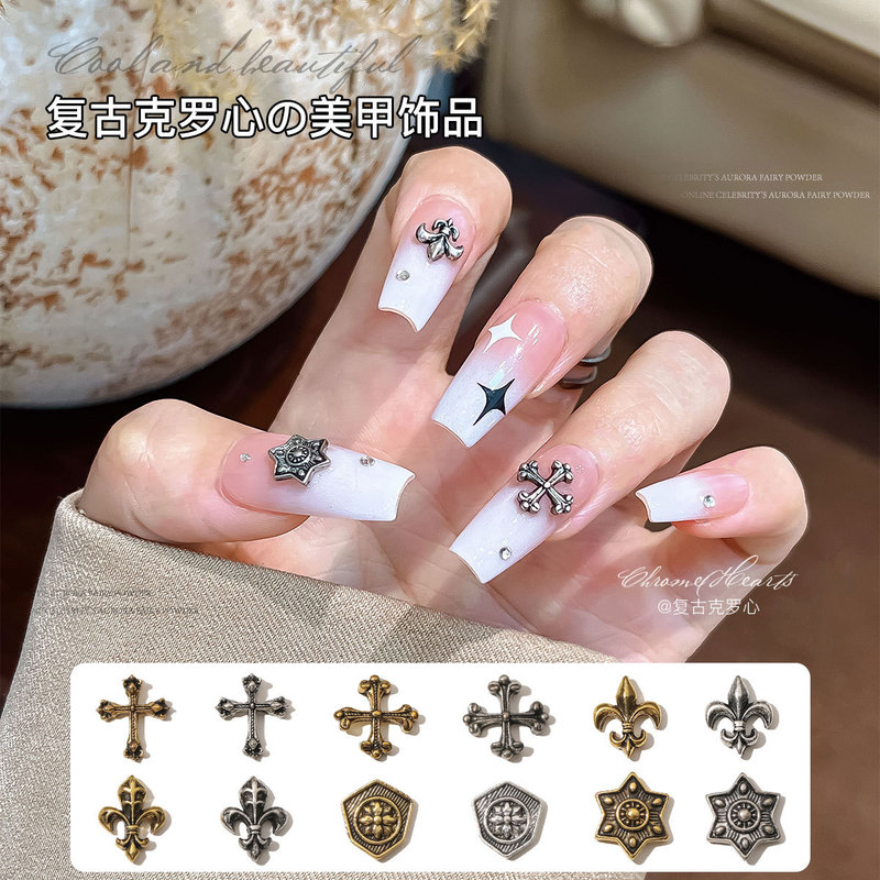 Retro Cross Crow Heart Nail Art Accessories Old Punk Style Anchor Hexagram Nail Diamond Decorations Wholesale