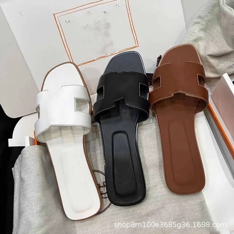 鼎羊皮の新型真皮平底ネット赤同タイプのスリッパ女性夏外着一字引きビーチカジュアル太さと涼しさ引き