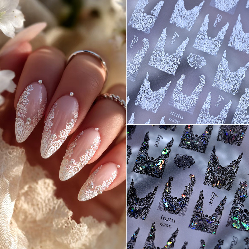 Cross-Border Popular Black and White Laser Lace Nail Stickers Ultra-Thin Adhesive Trendy European and American Nail Decoration Cross-Border Popular Black and White Laser Lace Nail Stickers Ultra-Thin Adhesive Trendy European and American Nail Decoration