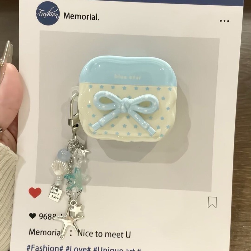 Fresh and Simple Blue Star Three-Dimensional Bow Apple Earphone Case Suitable for AirPods 4Th Generation/Pro2Pro3 for Women