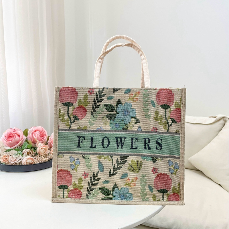 Embroidered Lily of the Valley Flower Linen Handbag Fashion Cross-Border High-Quality Women's Bag Heavy-Duty Textured Linen Bag