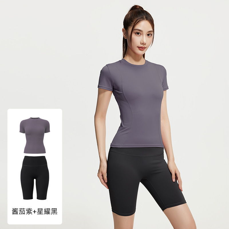 Juyi Tang verano yoga camisa de mangas cortas para mujeres delgada secado rápido y transpirable ajuste deportivo para correr y fitness set