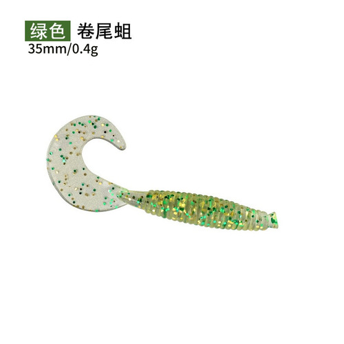 Factory-supplied bulk soft lures—curly-tail grubs for lure fishing, lead-head hooks, Texas rig setups, and salt-infused, fishy-smelling soft worms.