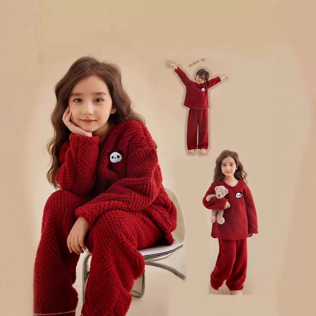 2025新年战袍平安儿童家居服拜年服套装男女童软糯卡通保暖洋气潮