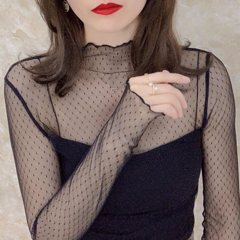 Transparent Black Polka Dot Lace Bottoming Shirt Goddess Inner Wear Western Style Mesh Sweater Inner Wear 2025 Bianshenglong