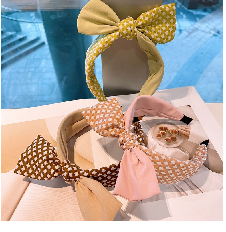 Retro Houndstooth Color Matching Bow Headband display picture 2
