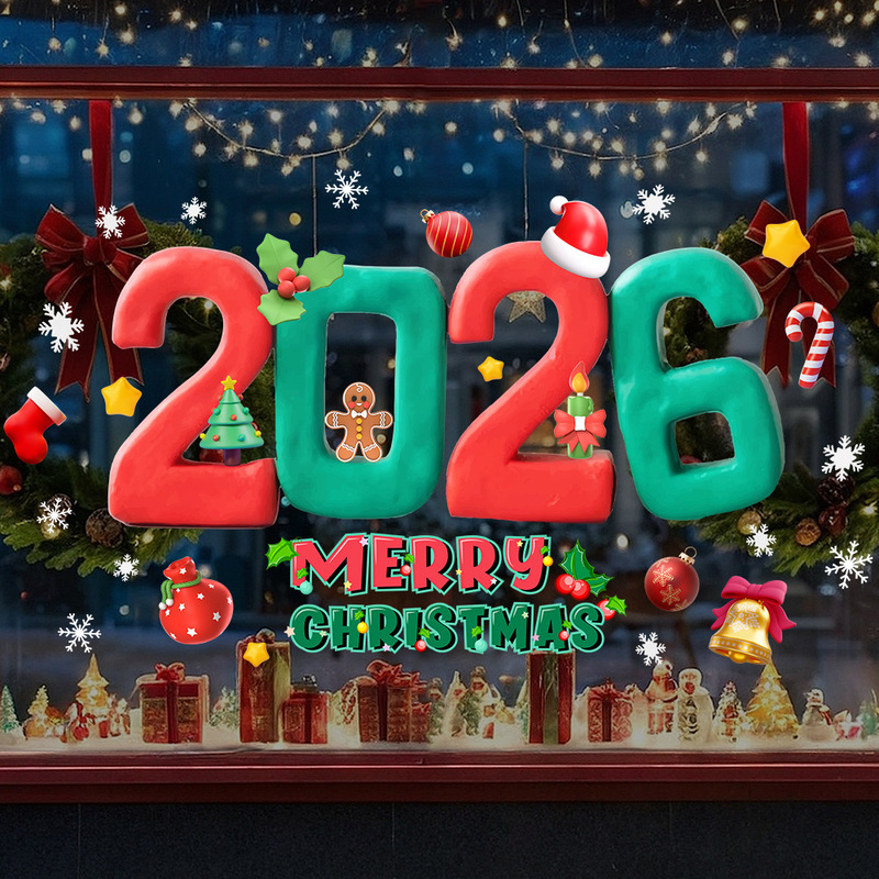 Aike JD4645 クリスマス漫画カラー 2026 数字英語アルファベットウィンドウステッカーショッピングモール装飾静電ステッカー|undefined