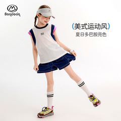 ハーフデグリーレジャーガールズサマーベストスーツ、ファッショナブルな2025新しい中型および大型子供服、夏のカジュアルショーツ、トレンディ