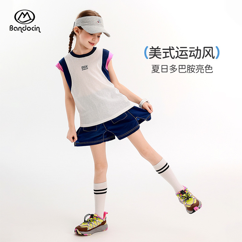 ハーフデグリーレジャーガールズサマーベストスーツ、ファッショナブルな2025新しい中型および大型子供服、夏のカジュアルショーツ、トレンディ|undefined