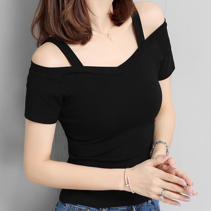 2025 New Summer Korean Style Off-Shoulder Suspender Short-Sleeved T-Shirt Women's One-Line Collar Off-Shoulder Sexy Slim Student Top 2025 New Summer Korean Style Off-Shoulder Suspender Short-Sleeved T-Shirt Women's One-Line Collar Off-Shoulder Sexy Slim Student Top
