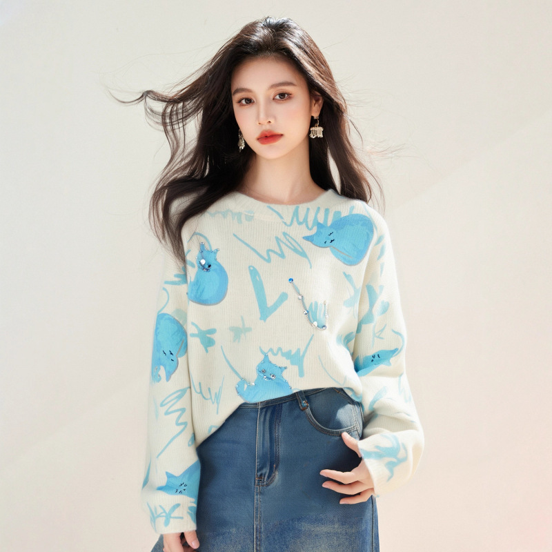 高级感重工烫钻软糯套头毛衣女秋冬宽松慵懒风巨好看独特针织上衣|undefined