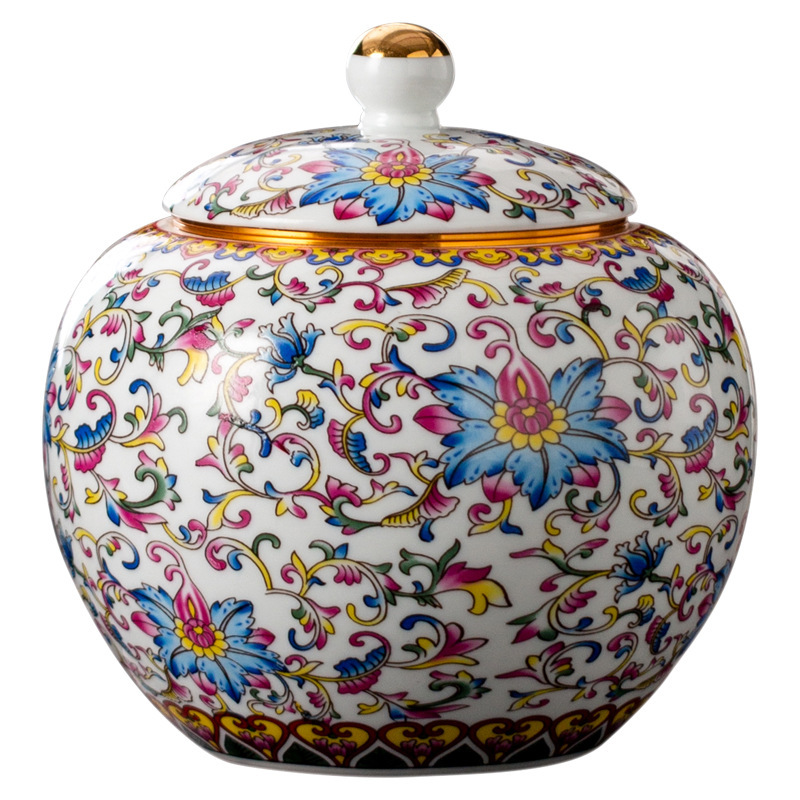 陶磁器茶葉缶エナメル色青花大サイズ螺旋蓋レトロ家庭用防湿密封缶バラ茶葉包装|undefined