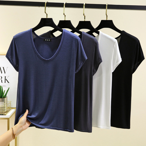 Summer Modal Elliptical Collar Short-Sleeve Women's Solid Color Casual Loose Slimming Versatile Top