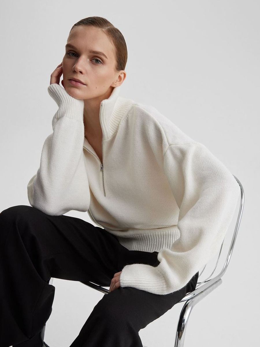 Transfronterizos de cuello medio cremallera suéter de cabeza mujer Europa y los Estados Unidos otoño y invierno 2025 nuevo suelto camiseta de punto perezosa camiseta superior