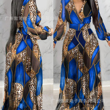 厂家高品质2025春夏新款热销欧美跨境V领雪纺长袖连衣裙-带底裤