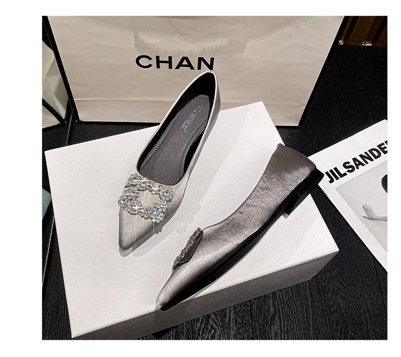 Giày búp bê nữ mũi nhọn gót thấp khóa vuông đính đá, đế cao su — Màu bạc, Màu vàng, Màu đen chi tiết 32