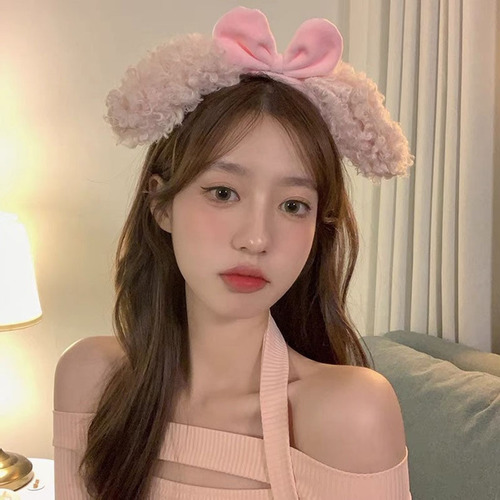 Cute Summer Plush Rabbit-Ear Headband, Sweet Pink Bow Hair Accessories for Washing Face—Wholesale for Women