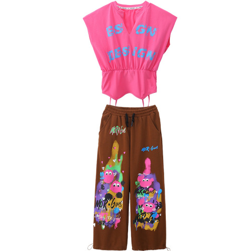 Children's Summer Jazz Dance Practice Pants Set with Dopamine Graffiti Design, Suitable for Young Girls' Jazz Performance Outfits