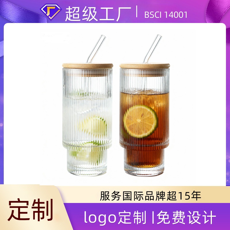 Vaso de vidrio a rayas verticales simple al por mayor taza de bebidas de gran capacidad vintage casera creativa taza de jugo de leche