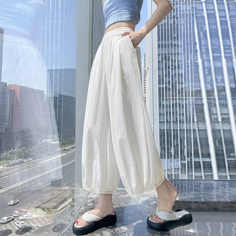 中空レースブルマ女性の 2025 夏ドレープバルーンパンツカジュアルワイドレッグルーズシンプルなアイスシルク 9 点パンツ|undefined