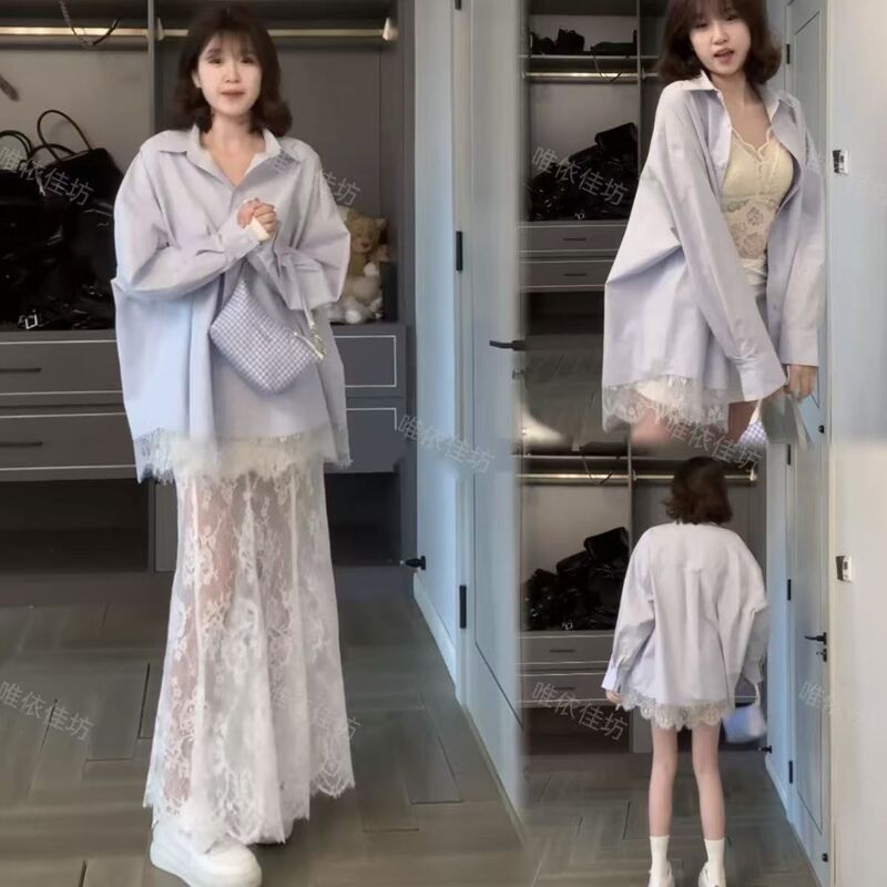 Early spring wear a set of foreign-style blue shirt stitching lace Korean lace half-length skirt two-piece suit