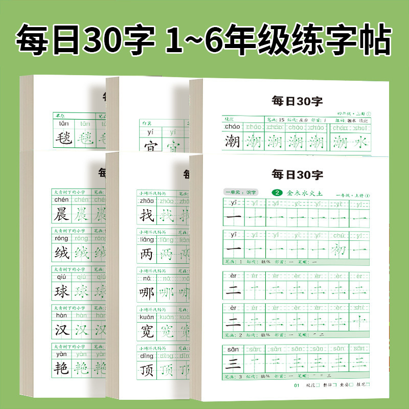 Daily 30-Word Handwriting Practice Book for Primary School Students, Grades 1-6, Both Semesters, Chinese Language Textbook, Hard Pen Dot Matrix Handwriting Practice Book