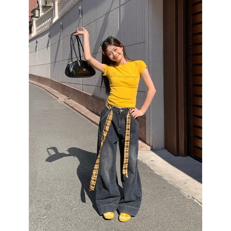 純綿の黄色のアルファベットのホットドリルの肩の半袖のtシャツの女性の夏の修身はやせているアメリカのギャルの短い上着を現します。|undefined