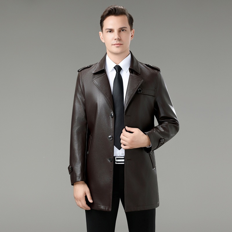 High-end fashionable genuine leather jacket for men, suit-collar casual leather trench coat, middle-aged father's sheepskin men's leather coat