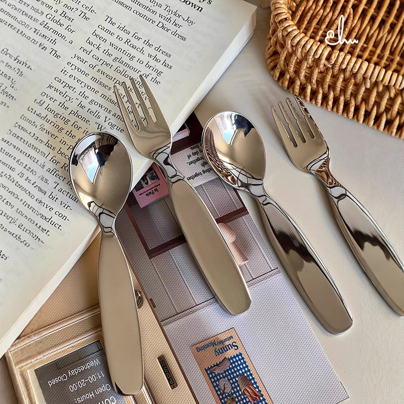 304 Stainless Steel Spoon and Fork, Cute Short Handle Kidsren's Tableware, Baby Eating Spoon, Fruit Fork, Logo Printable