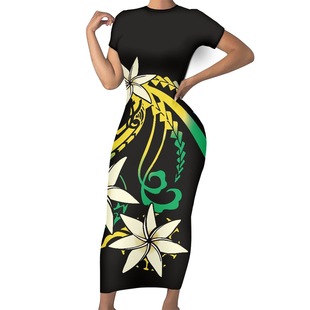 Customized Polynesian Printed Dress with Pictures, Women's Large Size Short-sleeved Sexy Slim Hip-hugging Round Neck Long Skirt